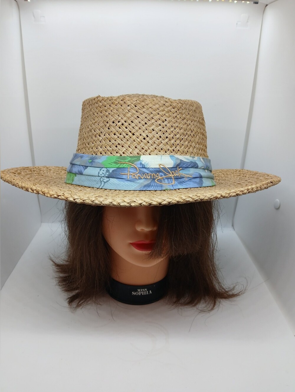 Vintage Panama Jack Straw Hat Fedora Floral Band Blue Tropical Summer OSFA